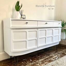 Mid Century Luxury Sideboard Nathan - Curved Teak Brilliant White Steel Hairpin Legs - thumbnail 3