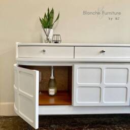 Mid Century Luxury Sideboard Nathan - Curved Teak Brilliant White Steel Hairpin Legs - thumbnail 2
