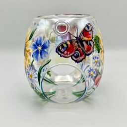 Hand Painted Wax Melt Burner/Natures Garden Peacock Butterflies, Sunflowers, Daisies & Perriwinkle/ Pearlised Glass Design - thumbnail 3