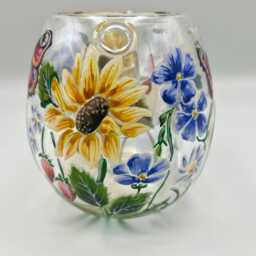 Hand Painted Wax Melt Burner/Natures Garden Peacock Butterflies, Sunflowers, Daisies & Perriwinkle/ Pearlised Glass Design - thumbnail 2
