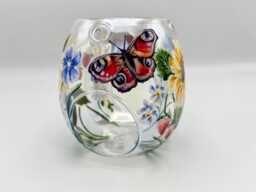 Hand Painted Wax Melt Burner/Natures Garden Peacock Butterflies, Sunflowers, Daisies & Perriwinkle/ Pearlised Glass Design - thumbnail 1