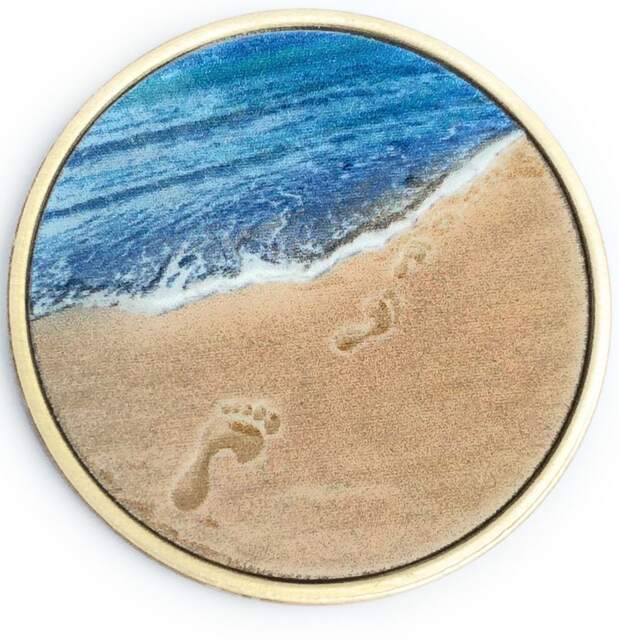 Footprints in The Sand Tropical Blue & Bronze Medallion Chip Coin Token Foot Prints Spiritual Gift - image 1