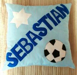 Boys Kids Personalised Football Soccer Cushion Pillow Gift Baby Christening Birthday Present Bedroom Nursery Decor Blue Shower Party - thumbnail 1