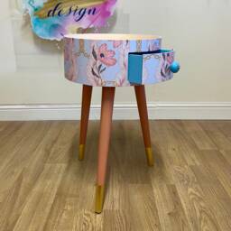 Light Blue & Apricot Bedside Table. Round Wooden Table With Drawer in Chain Floral Design. Personalised Nightstand Side - thumbnail 2