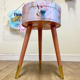 Light Blue & Apricot Bedside Table. Round Wooden Table With Drawer in Chain Floral Design. Personalised Nightstand Side - thumbnail 4