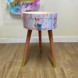 Light Blue & Apricot Bedside Table. Round Wooden Table With Drawer in Chain Floral Design. Personalised Nightstand Side