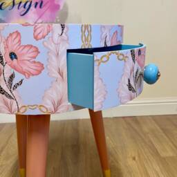 Light Blue & Apricot Bedside Table. Round Wooden Table With Drawer in Chain Floral Design. Personalised Nightstand Side - thumbnail 3