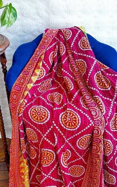 Vintage Handmade Kantha Stitch Sofa Throw - Beach Camper Van Quirky Colours Red- Musted Floral - image 1