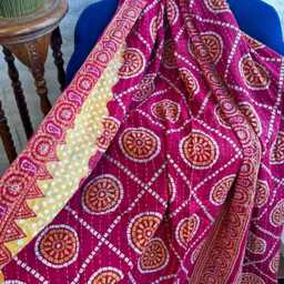Vintage Handmade Kantha Stitch Sofa Throw - Beach Camper Van Quirky Colours Red- Musted Floral - thumbnail 4