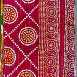 Vintage Handmade Kantha Stitch Sofa Throw - Beach Camper Van Quirky Colours Red- Musted Floral - thumbnail 2