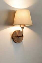 Raw Brass Wall Sconce With Fabric Lamp Shade - Mid Century Minimalist Bedside Lighting, Farmhouse Light