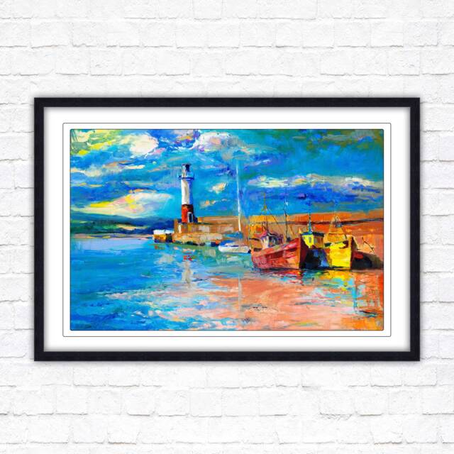 Framed Lighthouse Seascape Boats At Harbour Oil Painting Print - image 1