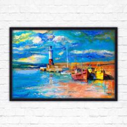 Framed Lighthouse Seascape Boats At Harbour Oil Painting Print - thumbnail 2