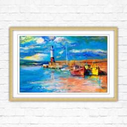 Framed Lighthouse Seascape Boats At Harbour Oil Painting Print - thumbnail 3