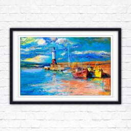 Framed Lighthouse Seascape Boats At Harbour Oil Painting Print - thumbnail 1