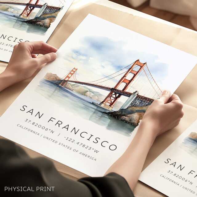 San Francisco Watercolor Print, Golden Gate Bridge Poster, California Wall Art, Travel Retro - image 1