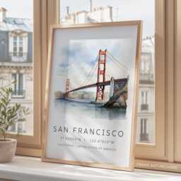 San Francisco Watercolor Print, Golden Gate Bridge Poster, California Wall Art, Travel Retro - thumbnail 3