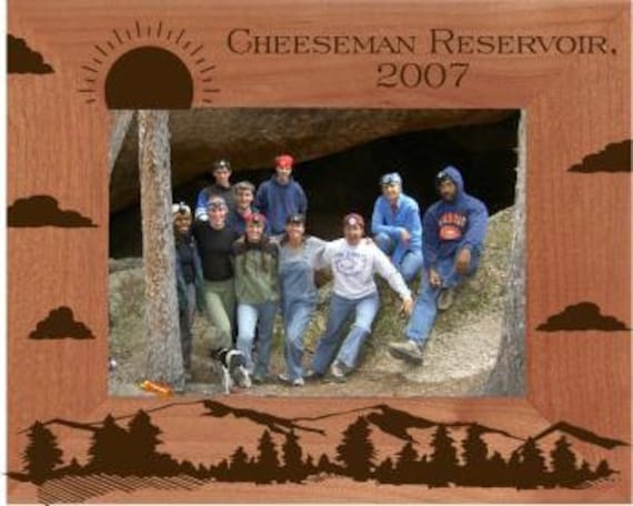Personalized Mountains & Clouds Photo Frame - Engraved Wood Outdoors Picture Travel Frame, Vacation - image 1