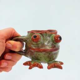 Whimsical Frog Mug, Handmade Ceramic Art Cup, Collectible Sculpture, Funny Animal Coffee Unique Gift For Lovers, Pottery - thumbnail 3