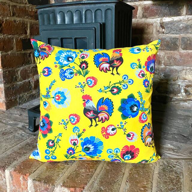 583. Folk Cockerel On Yellow 100% Cotton Cushion Cover. Various Sizes