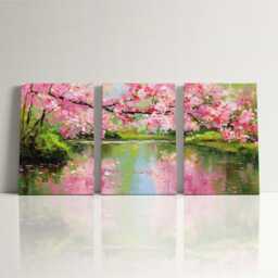Romantic Cherry Blossom Grove Oil Painting Soft Pinks & Muted Landscape Gouache Wall Art Split Canvas Home Decor Nature Spring - thumbnail 3