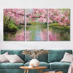 Romantic Cherry Blossom Grove Oil Painting Soft Pinks & Muted Landscape Gouache Wall Art Split Canvas Home Decor Nature Spring - thumbnail 2
