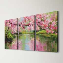 Romantic Cherry Blossom Grove Oil Painting Soft Pinks & Muted Landscape Gouache Wall Art Split Canvas Home Decor Nature Spring