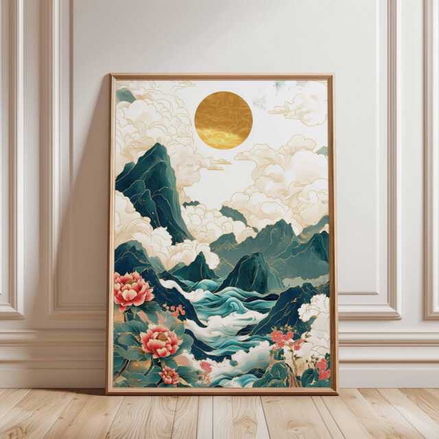 Oriental Mountain Landscape Wall Art, Golden Sun & Lotus Flowers Poster, Japanese-Inspired Nature Print For Home Decor - image 1