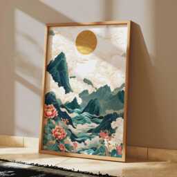 Oriental Mountain Landscape Wall Art, Golden Sun & Lotus Flowers Poster, Japanese-Inspired Nature Print For Home Decor - thumbnail 2