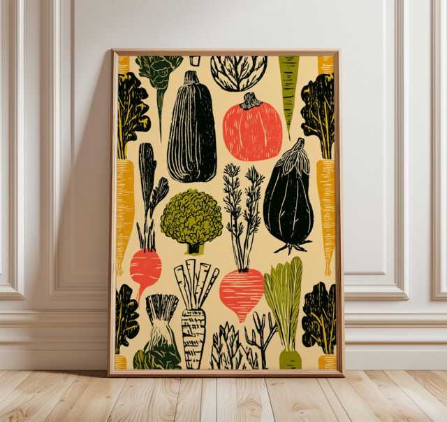 Modern Vegetable Poster, Rustic Farmers Market Wall Art, Retro Kitchen Colorful Carrot & Broccoli Print, Botanical Food Illustration - image 1