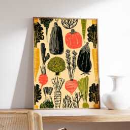 Modern Vegetable Poster, Rustic Farmers Market Wall Art, Retro Kitchen Colorful Carrot & Broccoli Print, Botanical Food Illustration - thumbnail 2