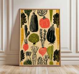 Modern Vegetable Poster, Rustic Farmers Market Wall Art, Retro Kitchen Colorful Carrot & Broccoli Print, Botanical Food Illustration - thumbnail 1
