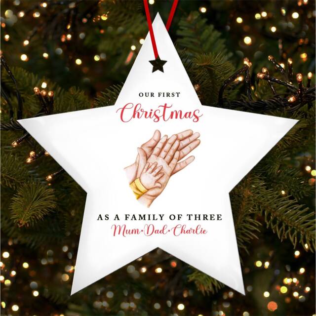 Our First As Family Of 3 Star Personalised Christmas Tree Ornament Decoration
