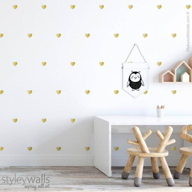 Gold Hearts Wall Decal, Golden Metallic Pattern Shapes Nursery Kids Room Decals