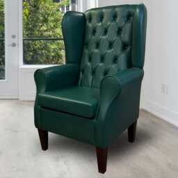 Handmade Green Leather High Back Armchair Tufted Chesterfield Accent Wing Chair, British Made - thumbnail 1