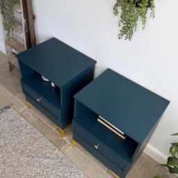 Modern Retro Style Pair Of Matching Bedside Tables Painted Blue & Gold - thumbnail 4