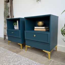 Modern Retro Style Pair Of Matching Bedside Tables Painted Blue & Gold - thumbnail 2