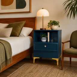 Modern Retro Style Pair Of Matching Bedside Tables Painted Blue & Gold - thumbnail 3