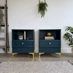Modern Retro Style Pair Of Matching Bedside Tables Painted Blue & Gold