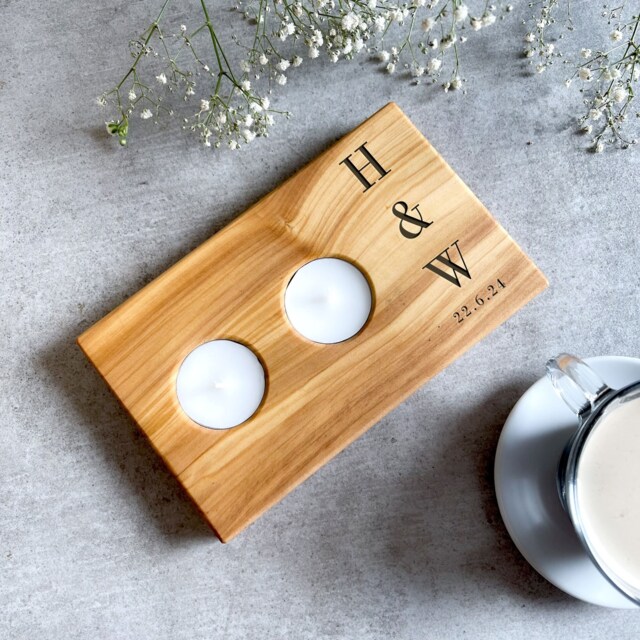 Personalised Contemporary Olive Wood Tealight Holder - Italian Candle Wedding Gift 5Th Anniversary Gifts - image 1