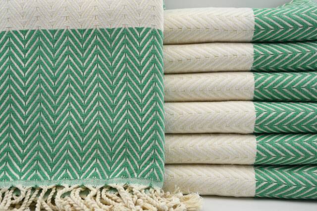 "Green & White Towel, Beach Towel, Handmade Towel, Herringbone Towel, Soft Towel, 40""x63" - image 1