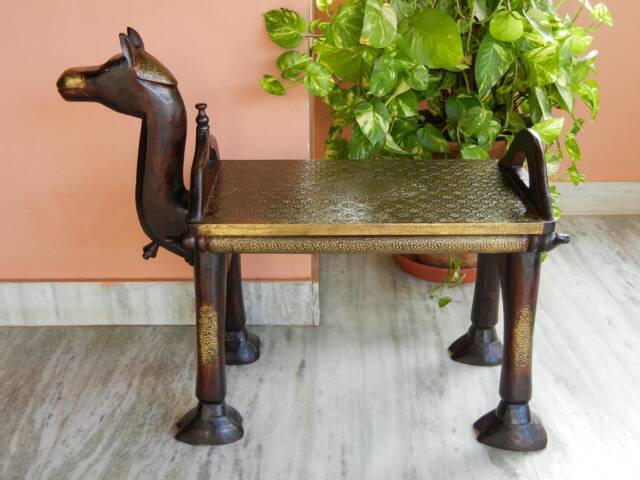 Wooden & Brass Camel Bench, Pouffe, Ottoman, Low Seat, Stool, Footstool, Chair, Handmade Indian Ethnic Style - image 1