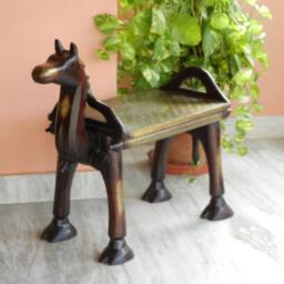 Wooden & Brass Camel Bench, Pouffe, Ottoman, Low Seat, Stool, Footstool, Chair, Handmade Indian Ethnic Style - thumbnail 2