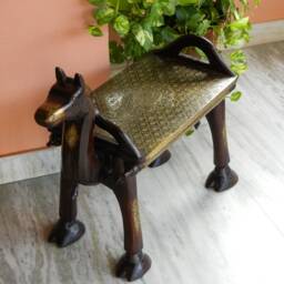 Wooden & Brass Camel Bench, Pouffe, Ottoman, Low Seat, Stool, Footstool, Chair, Handmade Indian Ethnic Style - thumbnail 3