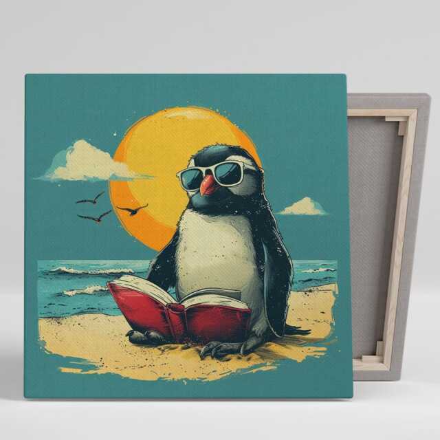 Penguin Beach Day Wall Art, Canvas Or Poster, Whimsical Animal Decor, Living Room Bedroom Office Blue Yellow Coastal Nature Print - image 1
