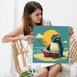 Penguin Beach Day Wall Art, Canvas Or Poster, Whimsical Animal Decor, Living Room Bedroom Office Blue Yellow Coastal Nature Print - thumbnail 3