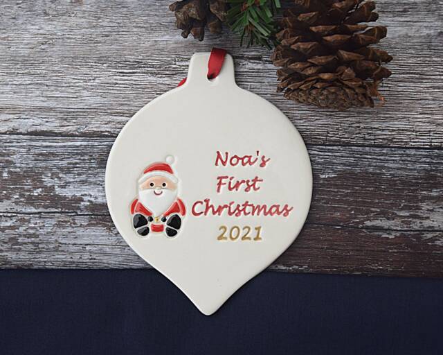 Personalised First Christmas Decoration, Handmade Ceramic Xmas Named, Bespoke 1st Decoration, Memory Decoration - image 1