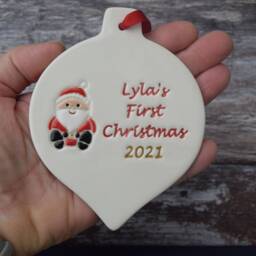 Personalised First Christmas Decoration, Handmade Ceramic Xmas Named, Bespoke 1st Decoration, Memory Decoration - thumbnail 2