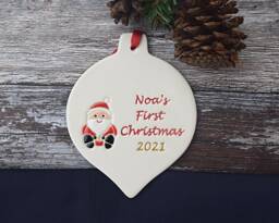 Personalised First Christmas Decoration, Handmade Ceramic Xmas Named, Bespoke 1st Decoration, Memory Decoration - thumbnail 1