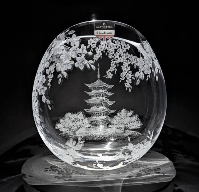 Japanese Temple Vase - Cherry Blossom Hand Engraved Dartington Crystal Glass Art Japan Gifts Inspired Decorative - image 1